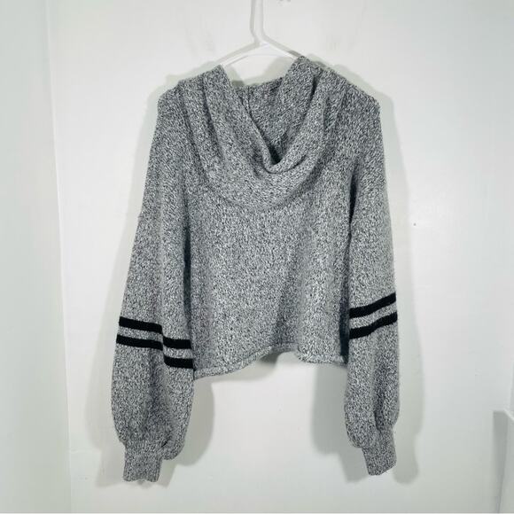 ONZIE Gray Black Varsity Striped Blouson Sleeve Chunky Knit Hoodie Sweater OS - Picture 10 of 14
